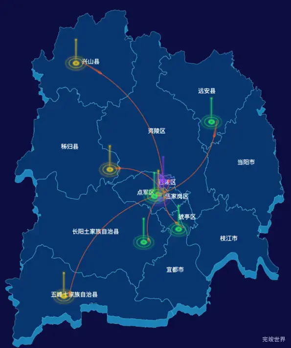 echarts宜昌市地区地图geoJson数据-飞线图